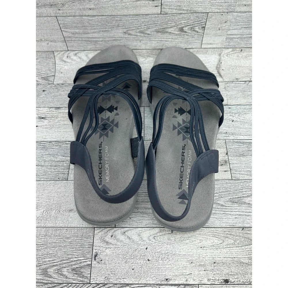 Skechers Reggae Slim Vacay Navy Blue Strappy Memory Foam Sandals Women Sz 8